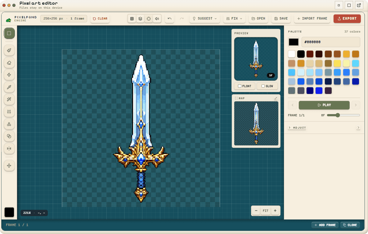 Pixelpond Engine editing a sword pixel asset with palette, preview, timeline, and export controls visible.