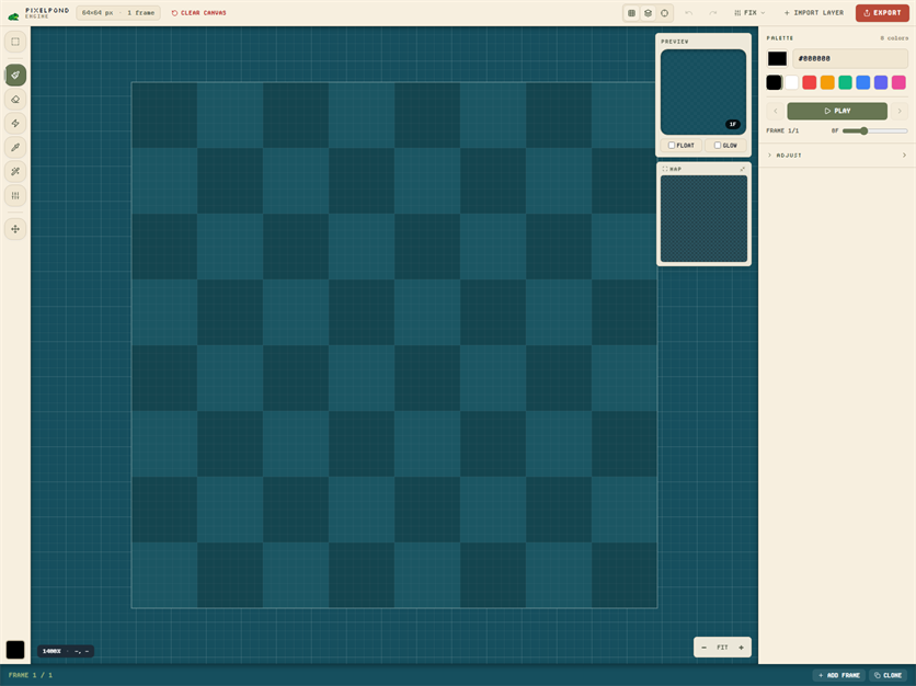Pixelpond Engine workspace with the pixel grid and tools, used to draw a repeating tile.