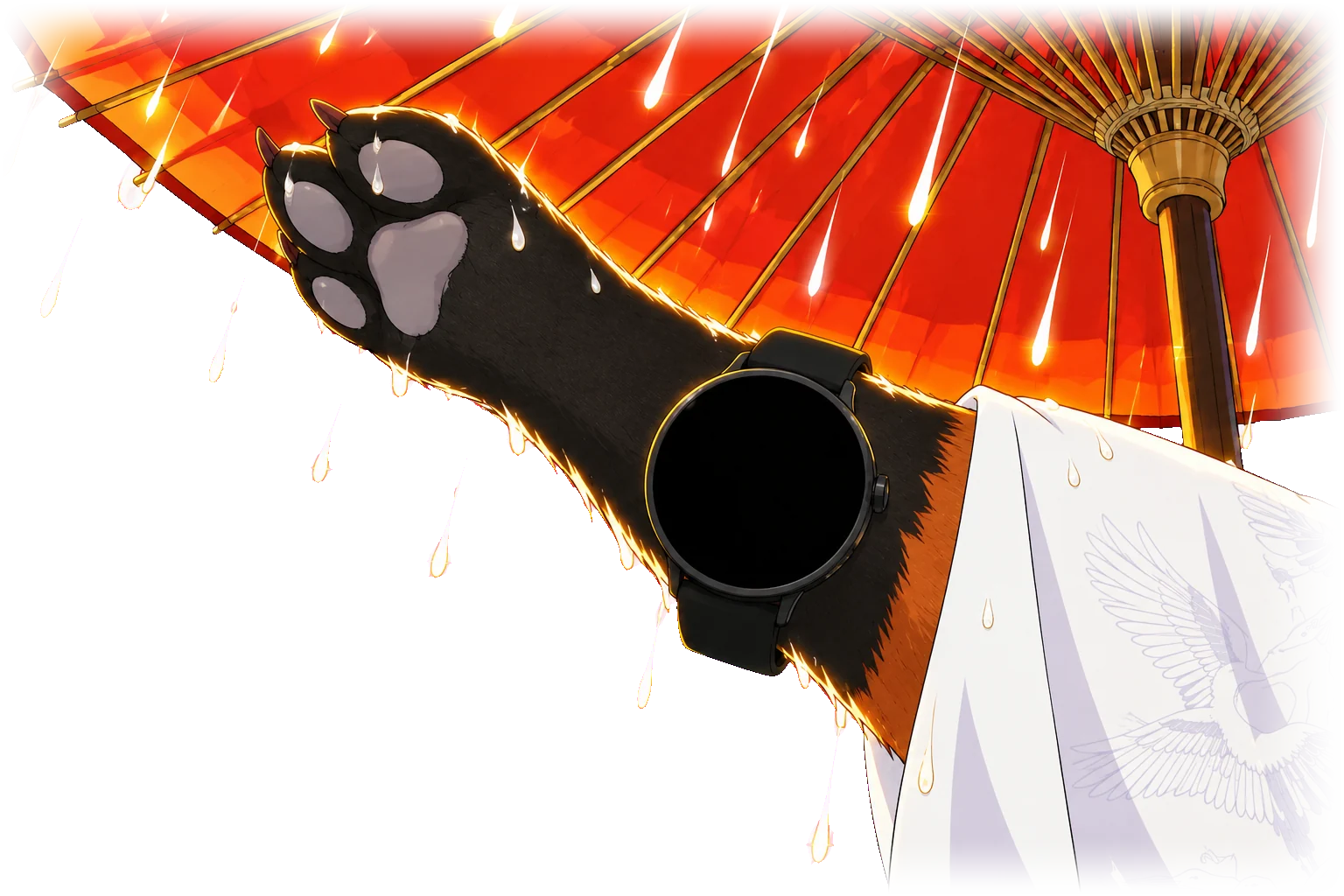 Augury in 1990s anime: Hiyori, a red fox bride in a white wedding hood, holds out her watch under a cloudless sky, jumps with her tail bristling as the raven lands and the stone at three turns to rain, then lifts her paw under a red umbrella as the first gold drops fall and the rainbow stands over the isle on her wrist.