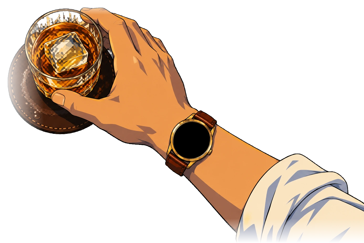 Deep Horizon in 1990s anime: a young man at last call with a whisky, raising the glass to the light, then the gold watch seen from above beside the glass.