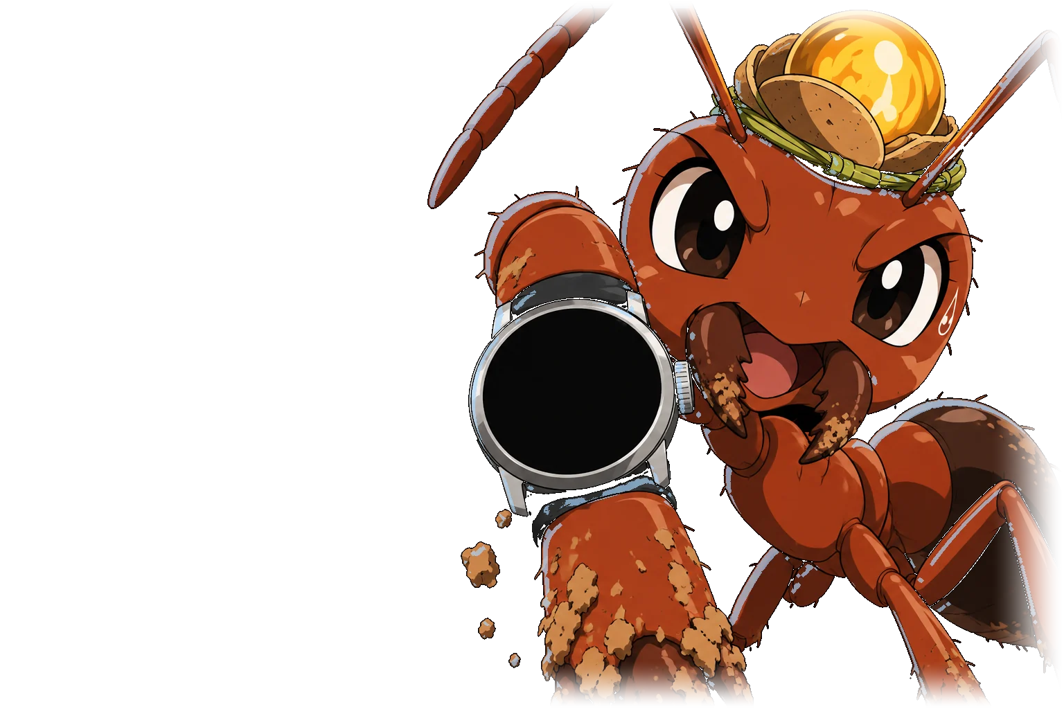 Formicary in 1990s anime: Tamsin, a rookie red wood ant with a honeydrop lamp on her head, checks the watch at the start of her shift, bursts through the tunnel wall as the minute turns, then shows the freshly dug time up close.