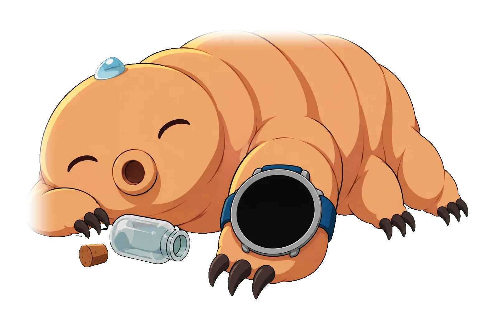 Little World in 1990s anime: Ursa, a water bear, waves from inside a block of ice under the aurora with Glacier turning on her watch, strolls a lava crust toasting moss on a twig with Ember on her wrist, then curls up in dewy moss beside her empty water bottle with the green World on the glass.