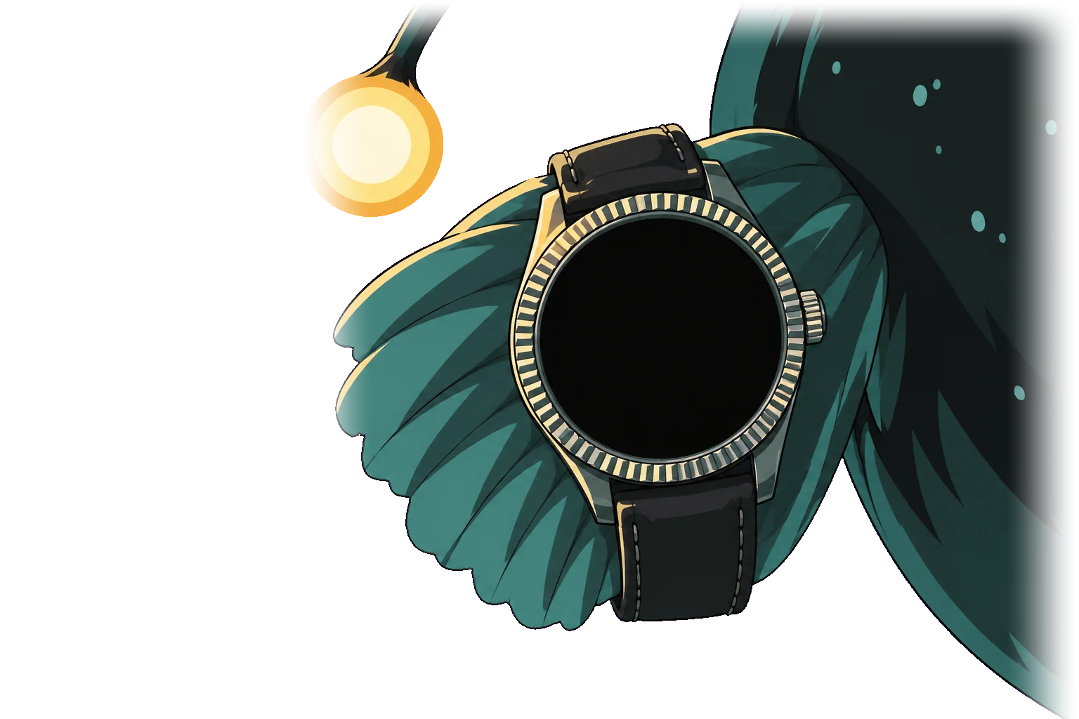 Raking Light in 1990s anime: Madame Chōchin, an anglerfish in gold spectacles, drifts down to a sunken galleon, rakes her lure low under the carved date 1667 and gasps as it reads, then holds her watch up in front of the gilt numerals.