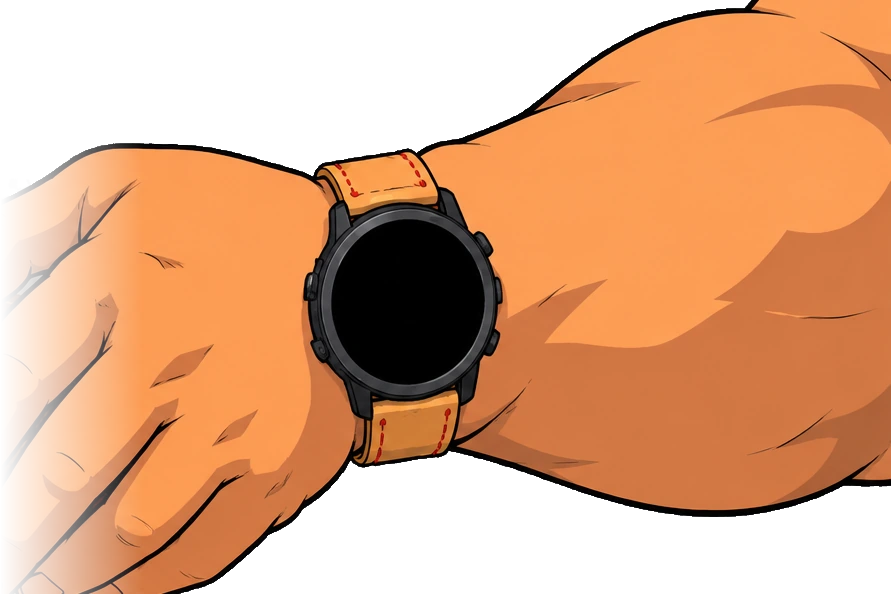 Ramen Time on a sumo wrestler's wrist, drawn in 1990s anime: he charges, then beams over a bowl of ramen, then the watch fills the frame.