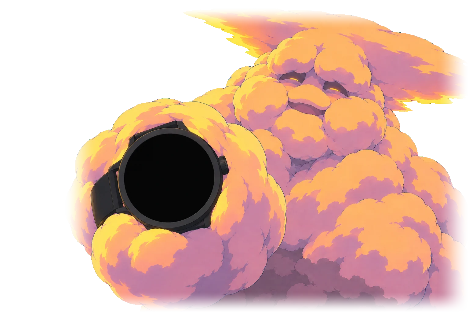 Sorairo in 1990s anime: Nyūdō, a summer thunderhead with a face made of cloud, rises over a seaside bay to check the sky on his watch, lightning jumps in his chest as the girl on the glass turns to look at him, then at sunset he blushes gold and holds the watch up to the same sun.