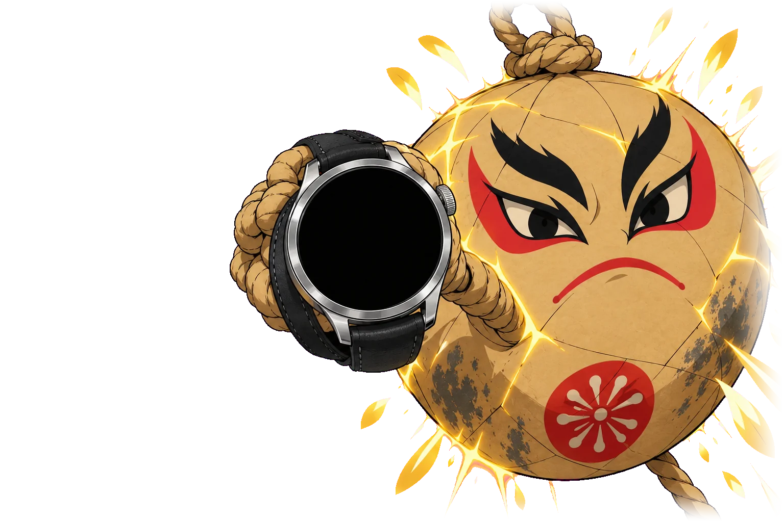 Sparkler Night in 1990s anime: Tama, a paper firework shell with a kabuki face brushed on, waits in his mortar on the barge with the always-on watch, flashes the watch at the shouting river bank as he climbs, then strikes his pose at the top as the gold shell bursts behind the time.