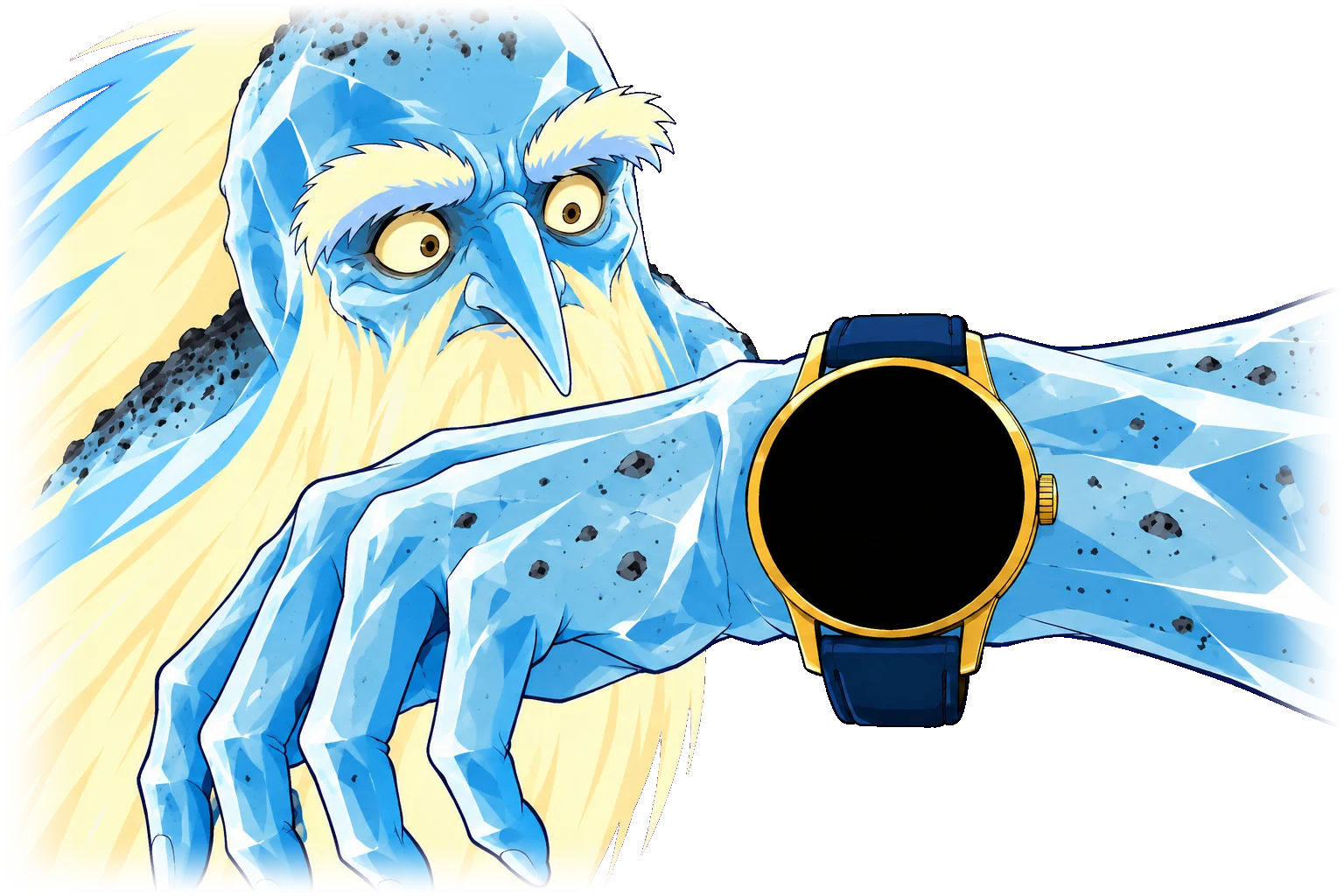 Star Almanac in 1990s anime: Old Hōki, a stooped comet of blue glacier ice with a white beard of light, squints at his watch as it wakes far out past the planets, dives past the Sun with his tail streaming and the watch thrust ahead, then stares wide-eyed at the planets on his wrist.