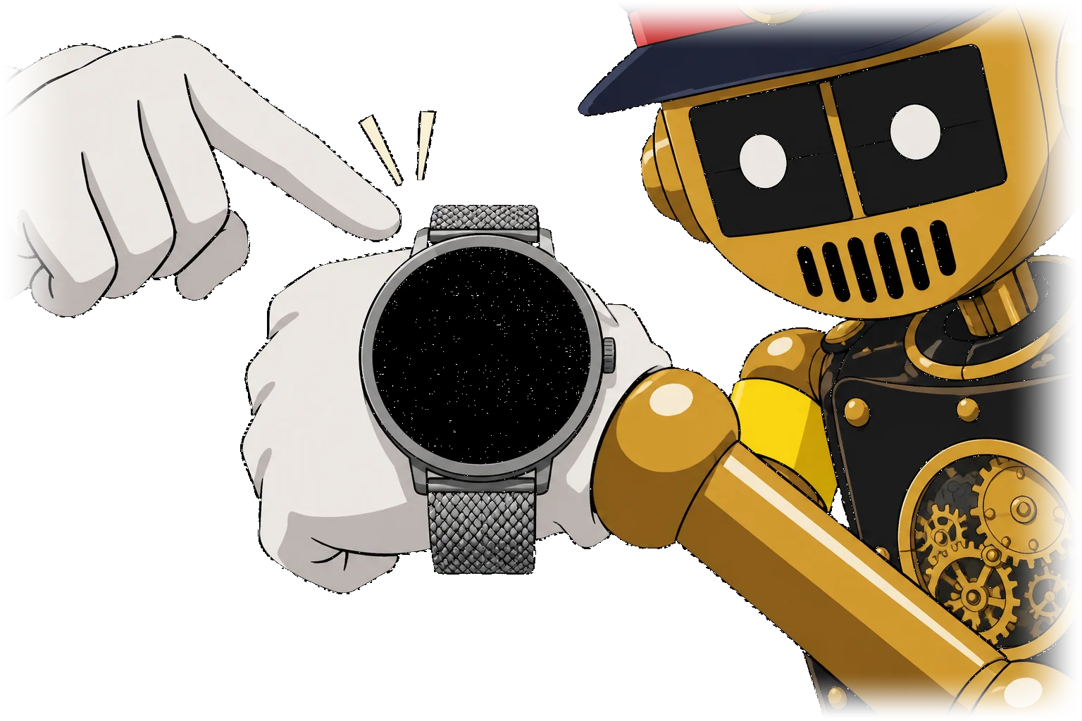 Terminus in 1990s anime: Patapata, a tall brass clockwork porter, dozes on a bench under the dark train shed with the always-on board on his lap, springs up pointing as the lamps wake and the rows clatter, then taps the lit departure board on his wrist.