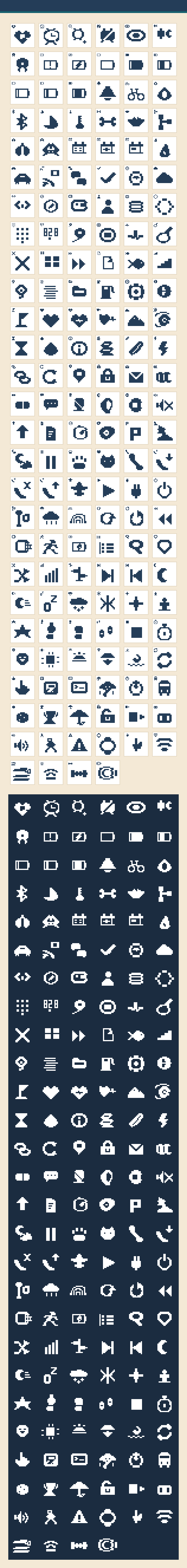 Contact sheet of all 160 Wear OS Micro Icons rendered on light and dark grids.